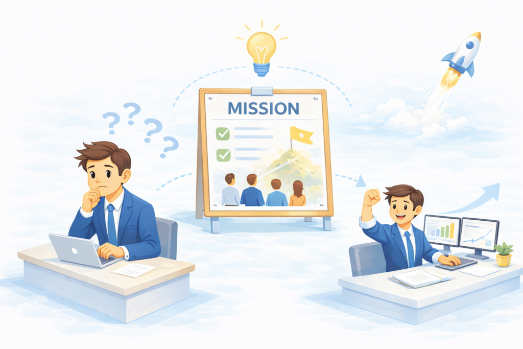 企業のビジョンを説明し、成果を上げるビジネスマン