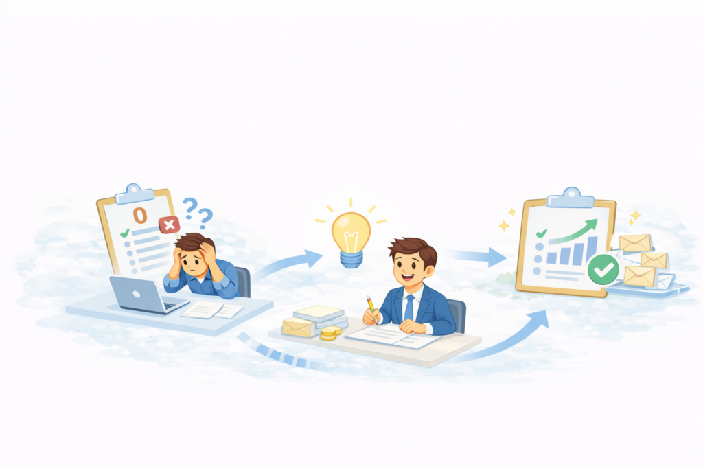 応募が来ない求人票を改善するビジネスマン、修正後に結果を向上させる