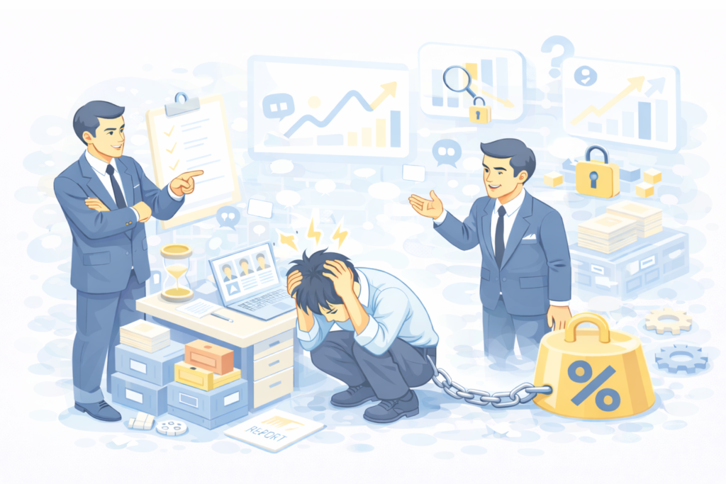 採用担当者が成果を求められ、数字に悩むシーン