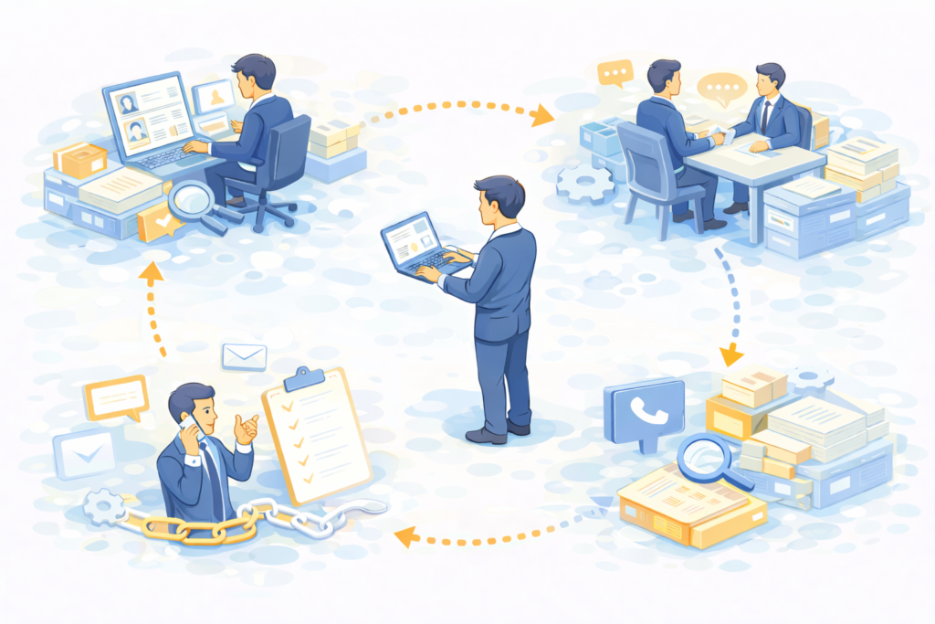 採用担当者がスカウト返信率を改善するために時間不足に直面しているシーン