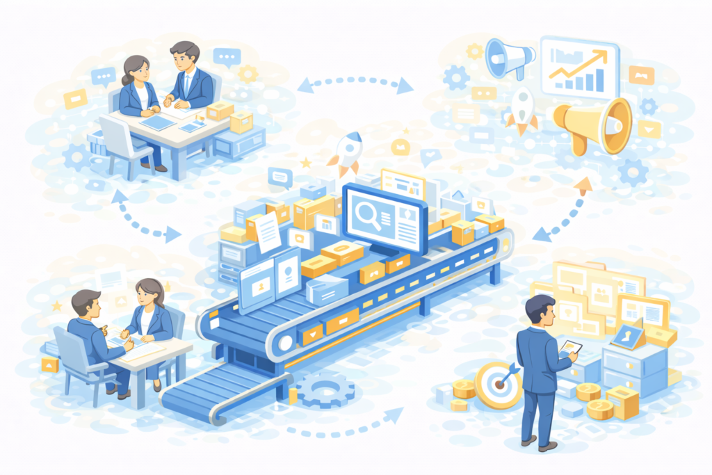 スカウト代行のプロセスと効率を示すビジネスマン、品質とは異なる価値を強調