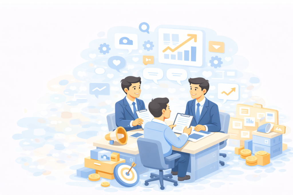 会議で戦略を話し合うビジネスマンたち