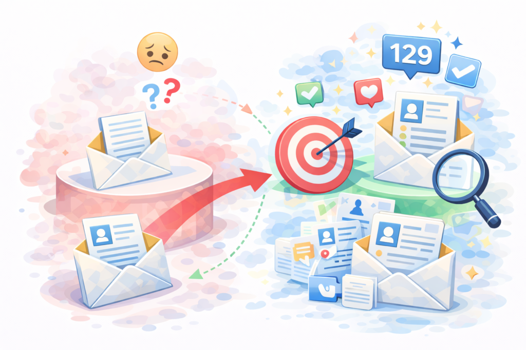 曖昧なスカウトメールは反応されず、ターゲットを明確にしたスカウトで応募や反応が増える様子を示すイメージ