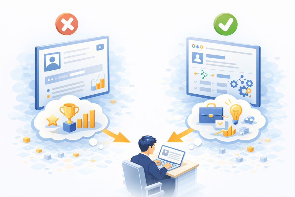 仕事内容だけの訴求は効果が低く、得られるメリットや成長を具体的に伝えることで応募につながることを示すイメージ