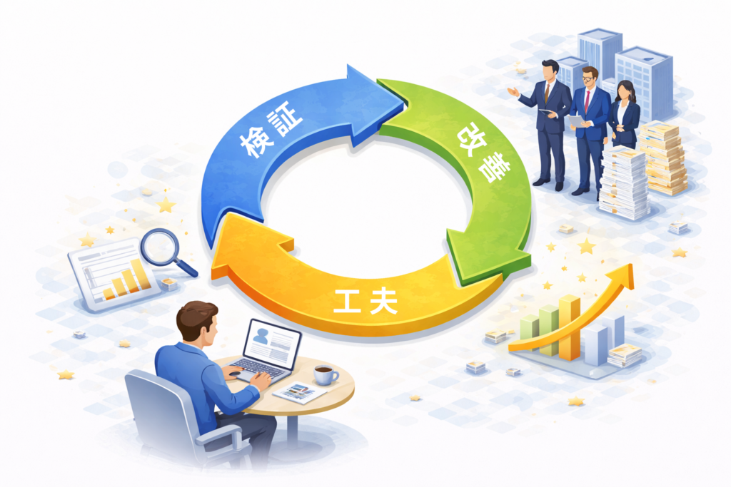 スカウトメールの改善を工夫・検証・改善のサイクルで繰り返し、成果向上につなげる様子を示すイメージ