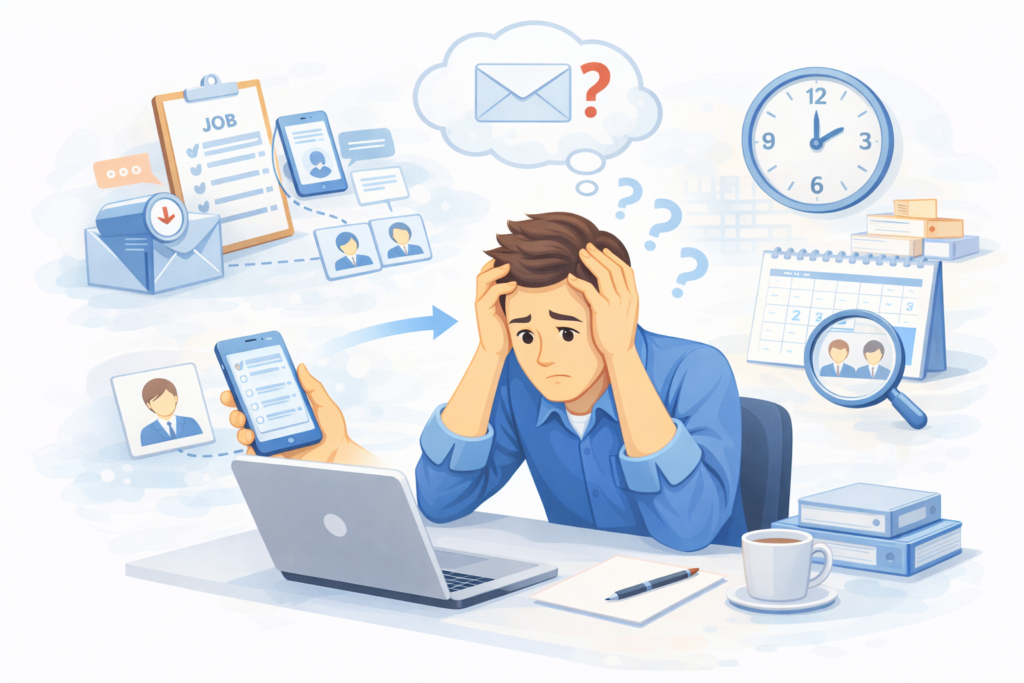 スカウト送信や応募者対応に追われながらも採用が進まず悩む採用担当者のイメージ