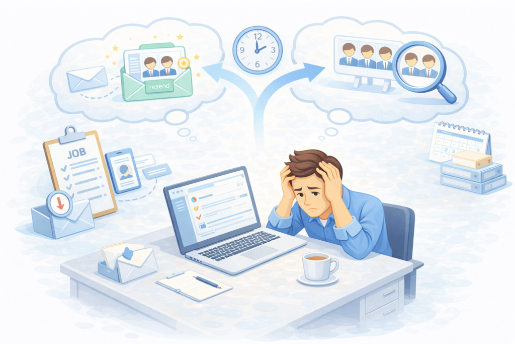 再送メールの効果に悩みつつ、候補者との接点や優先順位を考える採用担当者のイメージ