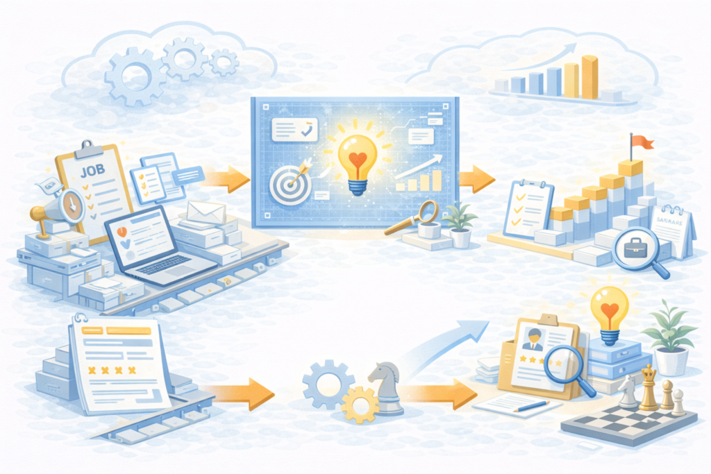 採用業務を単なる作業から戦略的な設計へと転換し、改善と成果向上につなげる流れを表したイメージ