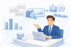 スカウトデータを分析し再送メールの効果を検証する採用担当者のイメージ